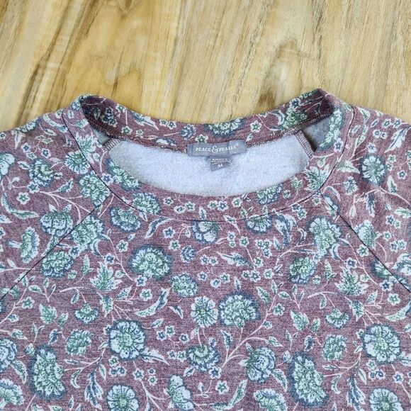 💛Peace & Pearls Floral Fleece Lined Long Sleeve Top Medium - Picture 3 of 9